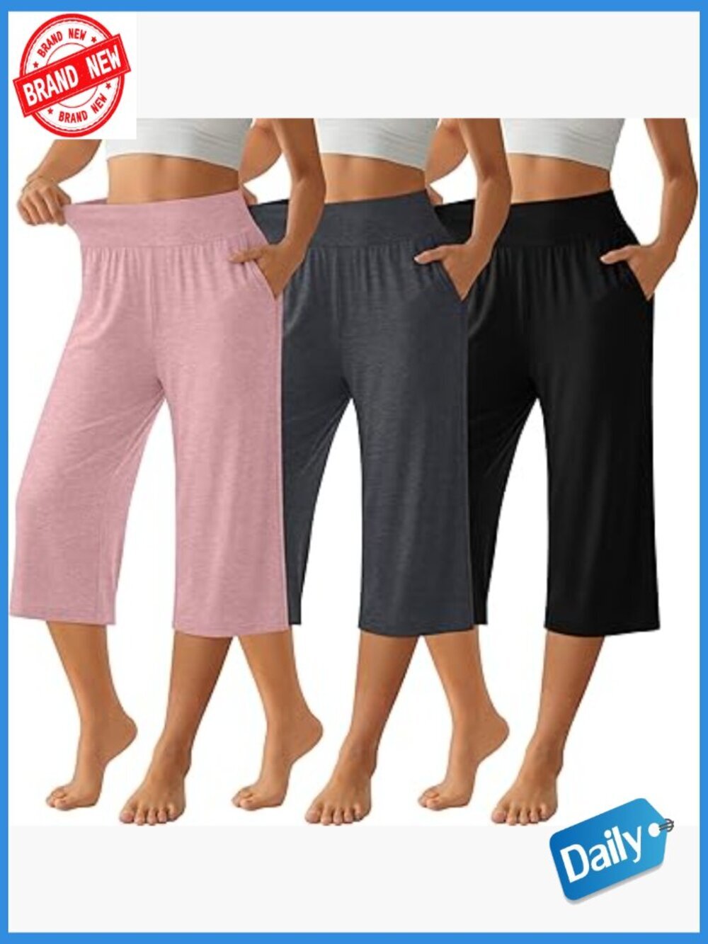 3 Pack Wide Leg Capri Lounge Sweatpants High Waist Crop Pants with Pockets